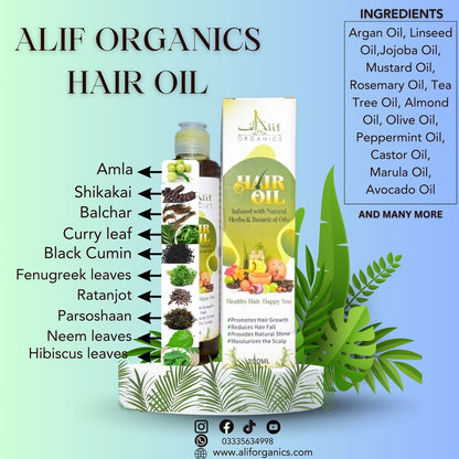 Alif Organics Hair Oil – Infused with Natural Herbs & Botanical Oils (200ml)