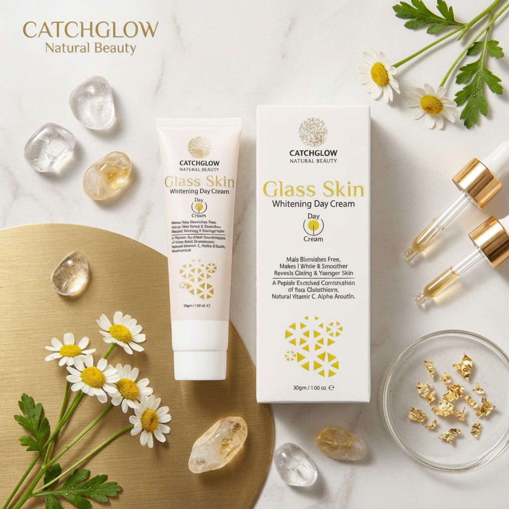 CatchGlow Glass Skin Cream flat lay with daisies