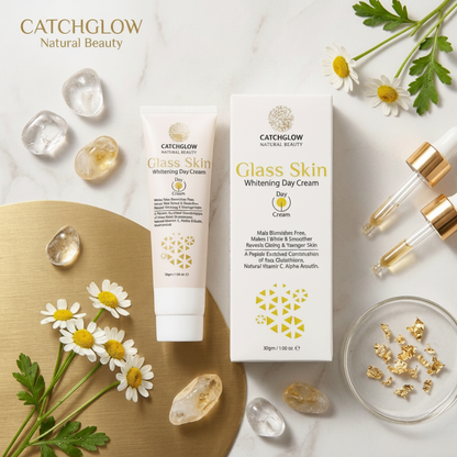 CatchGlow Glass Skin Cream flat lay with daisies