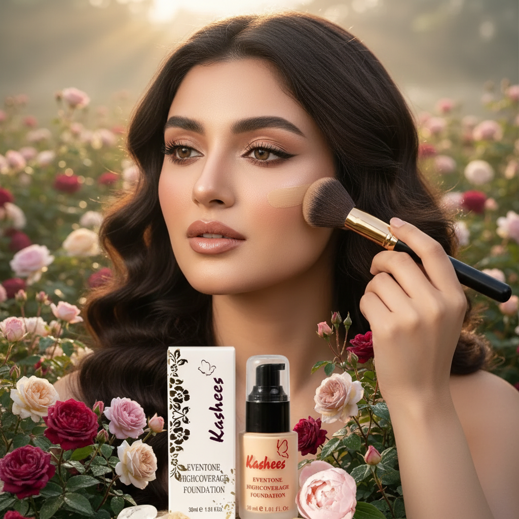 Woman applying Kashees Eventone Foundation for a flawless glam look