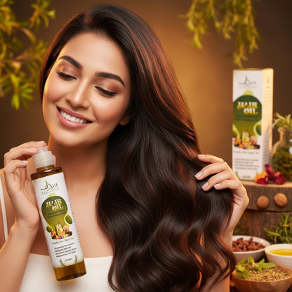 Woman with healthy shiny hair applying Alif Organics Hair Oil