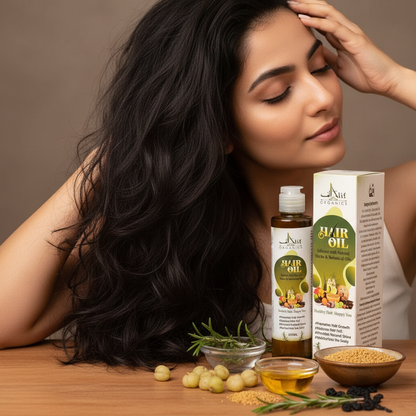Woman massaging Alif Organics Hair Oil into scalp